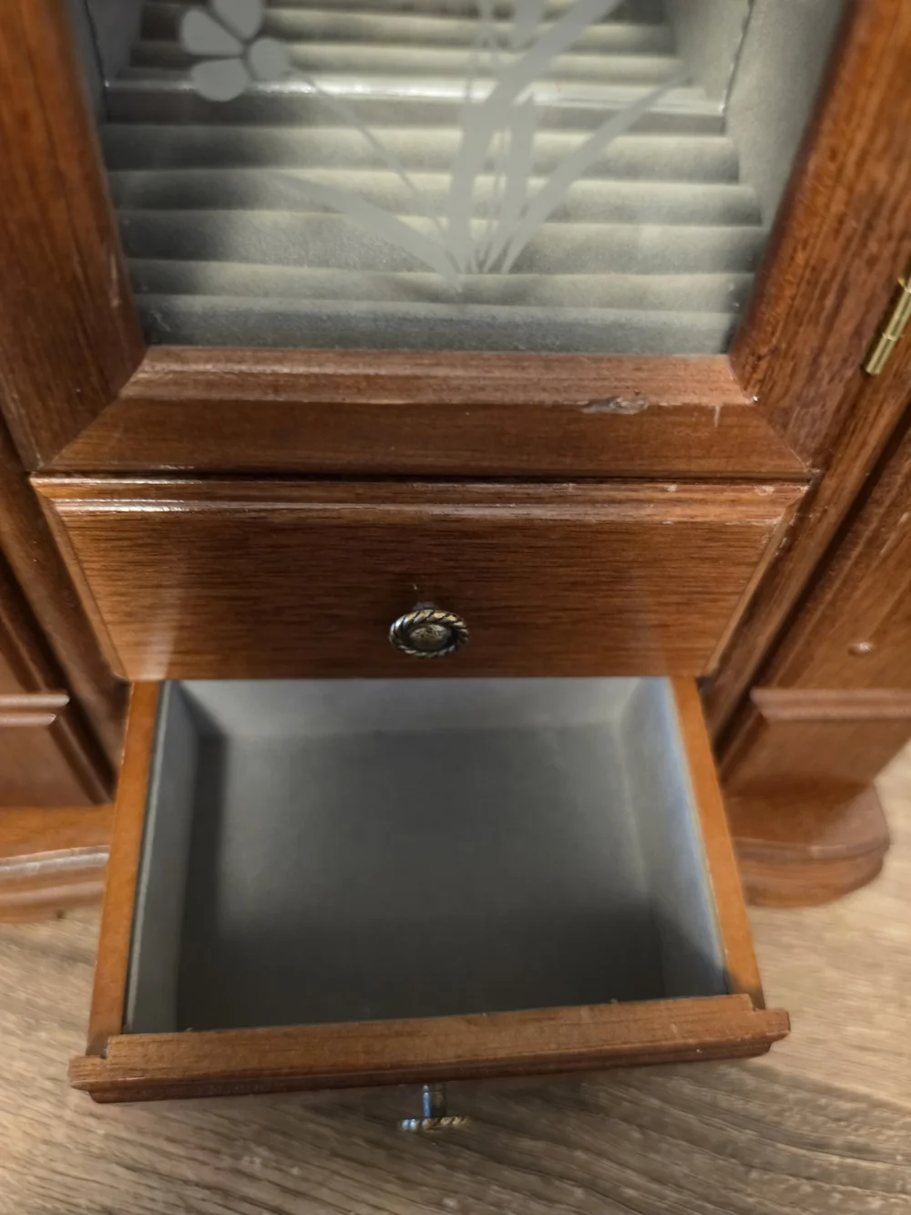 Vintage Wooden Jewelry Box Armoire Flower Glass 12